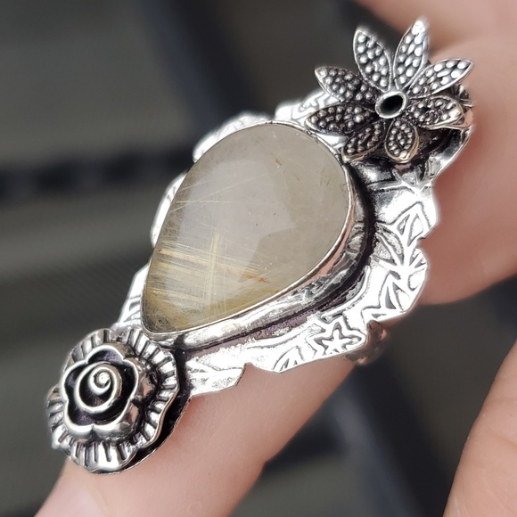 New Golden Rutile Carved 925 Silver Ring. - Picture 15 of 16